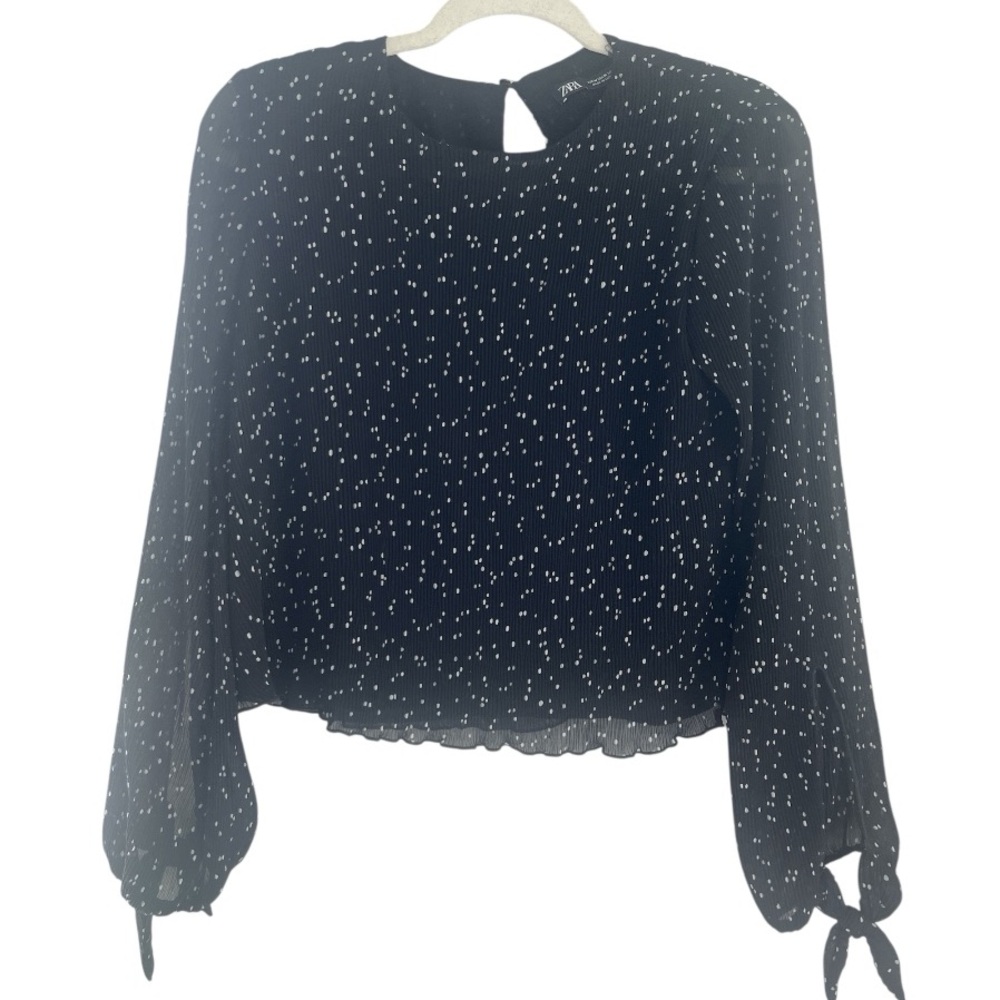 Zara polka dot blouse black white tie sleeves size medium crepe